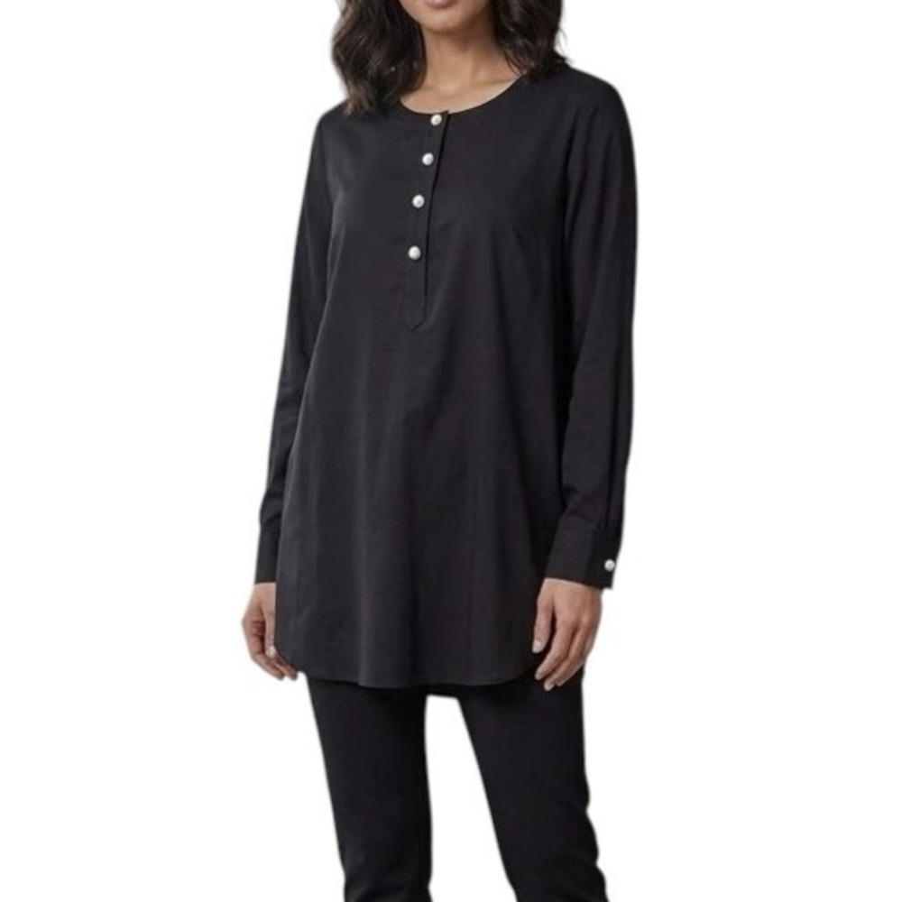 DENIM & Co Black Top sz L Poplin Tunic Pearl Buttons Business Casual A669951 NEW